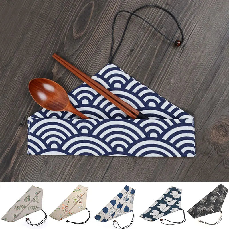 Japanese Vintage Print Tableware Bag Portable Cotton Linen Chopstick Spoon Knife Forks Storage Bag Cutlery Pouch