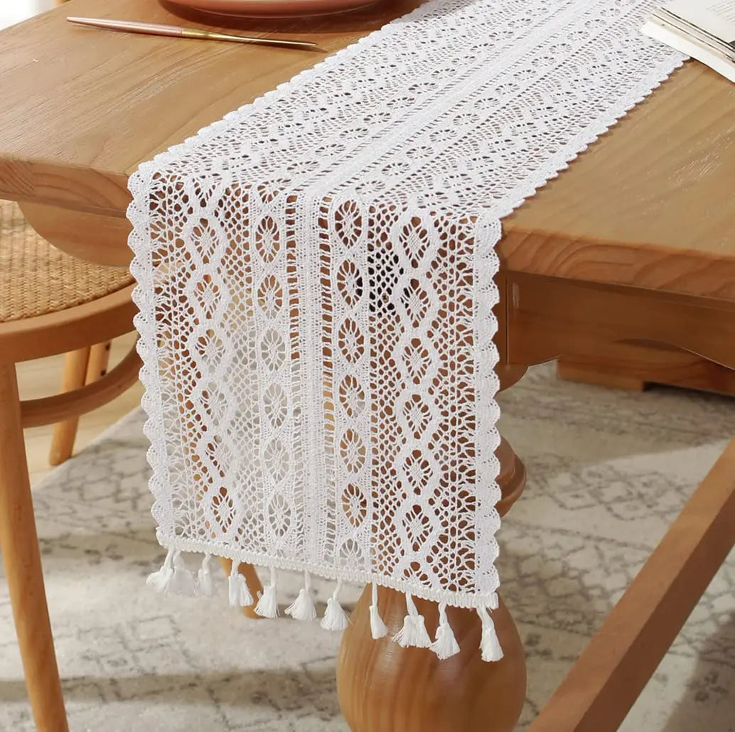 Cotton Lace Boho Beige Table Runner Farmhouse Style Vintage Home Bridal Shower Country Wedding Party Coffee Dining Table Decor