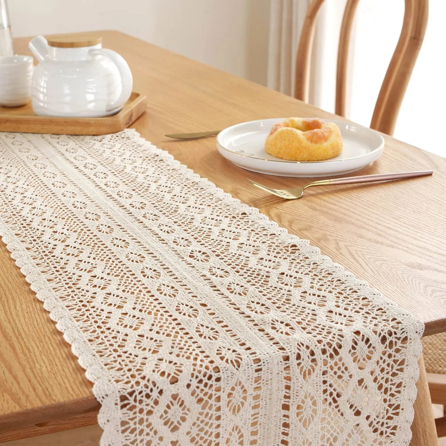 Cotton Lace Boho Beige Table Runner Farmhouse Style Vintage Home Bridal Shower Country Wedding Party Coffee Dining Table Decor