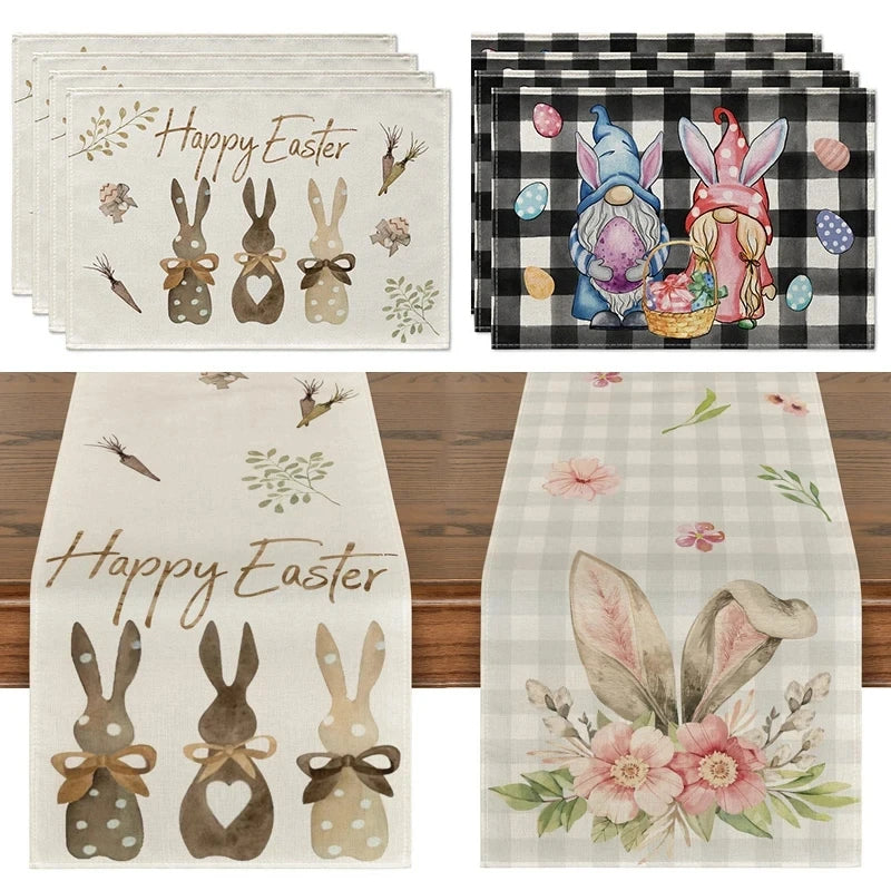 Easter Bunny Table Runner Linen Gnome Eggs Rabbit Dining Table Cloth Easter Placemat Decoration For Home Kitchen 2024 Spring